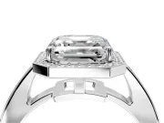 Bezel-Framed Halo Engagement Ring Setting for Asscher Cut Center with Pave Band and Prong Head in White Gold