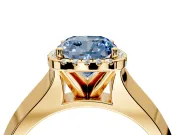 Halo Engagement Ring Setting for Fancy Blue Cushion Cut Center with Knife Ridge Cathedral Band and Prong Head in Yellow Gold