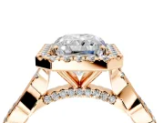 Halo Engagement Ring Setting for Radiant Cut Center with Twist Band and Prong Head in Rose Gold