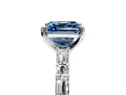 Baguette Engagement Ring Setting for Fancy Blue Asscher Cut Center with Alternating Bar-Set Band and Prong Head in Platinum