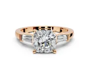 3 Stone Engagement Ring Setting for Cushion Cut Center with Channel Baguette Accents and Prong Head in Rose Gold