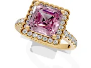 Milgrain Floral Halo Engagement Ring Setting for Fancy Pink Asscher Cut Center with Pave Band and Prong Head in Yellow Gold
