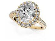 Halo Engagement Ring Setting for Oval Center with Narrowing Pave Band and Prong Head in Yellow Gold