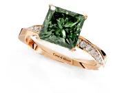Side Accent Engagement Ring Setting for Fancy Green Princess Cut Center with Accent Shoulders and Prong Head in Rose Gold