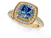 Milgrain Halo Engagement Ring Setting for Fancy Blue Cushion Cut Center with Three-Sided Pave Band and Prong Head in Yellow Gold