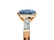 3 Stone Engagement Ring Setting for Fancy Blue Radiant Cut Center with Tapered Baguettes, Plain Band and Prong Head in Rose Gold