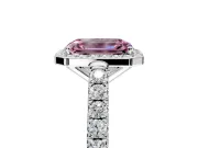 Halo Engagement Ring Setting for Fancy Pink Emerald Cut Center with Full Pave Band and Prong Head in Platinum