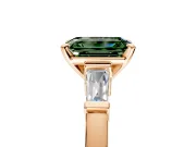 3 Stone Engagement Ring Setting for Fancy Green Emerald Cut Center with Channel Baguette Accents and Prong Head in Rose Gold