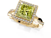 Halo Engagement Ring Setting for Fancy Yellow Princess Cut Center with Pave and Plain Twist Band and Prong Head in Yellow Gold