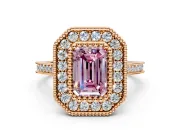 Halo Engagement Ring Setting for Fancy Pink Emerald Cut Center with Milgrain Frame, Pave Band and Prong Head in Rose Gold