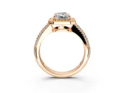 Milgrain Halo Engagement Ring Setting for Radiant Cut Center with Three-Sided Pave Band and Prong Head in Rose Gold