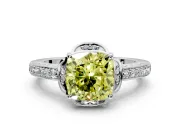 Floral Engagement Ring Setting for Fancy Yellow Cushion Cut Center with Four Accent Clusters and Prong Head in Platinum