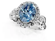 Halo Engagement Ring Setting for Fancy Blue Oval Center with Open Scroll Shoulders and Prong Head in Platinum