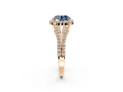 Halo Engagement Ring Setting for Fancy Blue Round Cut Center with Pave Split Shank and Prong Head in Rose Gold