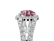 Halo Engagement Ring Setting for Fancy Pink Round Cut Center with Narrow Pave Split Shank and Prong Head in Platinum