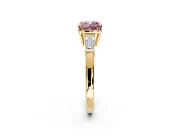 3 Stone Engagement Ring Setting for Fancy Pink Cushion Cut Center with Baguette Accents and Prong Head in Yellow Gold