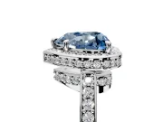 Halo Engagement Ring Setting for Fancy Blue Heart-Shaped Center with Metal-Rimmed Halo, Pave Band and Prong Head in Platinum