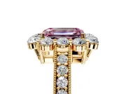 Halo Engagement Ring Setting for Fancy Pink Emerald Cut Center with Milgrain Channel Band and Prong Head in Yellow Gold