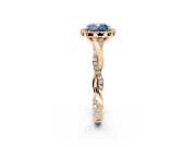 Halo Engagement Ring Setting for Fancy Blue Cushion Cut Center with Pave and Plain Twist Band and Prong Head in Rose Gold
