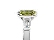 3 Stone Engagement Ring Setting for Fancy Yellow Emerald Cut Center with Channel Baguette Accents and Prong Head in Platinum