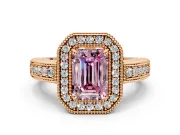 Milgrain Halo Engagement Ring Setting for Fancy Pink Emerald Cut Center with Pave Band and Prong Head in Rose Gold