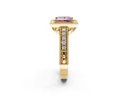 Milgrain Halo Engagement Ring Setting for Fancy Pink Princess Cut Center with Pave Band and Prong Head in Yellow Gold