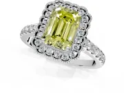Milgrain Floral Halo Engagement Ring Setting for Fancy Yellow Emerald Cut Center with Pave Band and Prong Head in Platinum