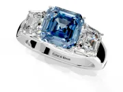 3 Stone Engagement Ring Setting for Fancy Blue Asscher Cut Center with Raised Basket Heads and Prong Head in Platinum