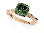 Side Accent Engagement Ring Setting for Fancy Green Cushion Cut Center with Accent Shoulders and Prong Head in Rose Gold