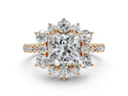 Floral Halo Engagement Ring Setting for Princess Cut Center with Pave Accents and Prong Head in Rose Gold