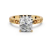 Solitaire Engagement Ring Setting for Radiant Cut Center with XO Engraved Band and Prong Head in Yellow Gold
