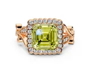 Halo Engagement Ring Setting for Fancy Yellow Asscher Cut Center with Leaf Motif Split Shank and Prong Head in Rose Gold