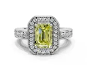 Milgrain Halo Engagement Ring Setting for Fancy Yellow Emerald Cut Center with Pave Band and Prong Head in White Gold