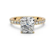 Solitaire Engagement Ring Setting for Radiant Cut Center with Round Cut Pave Band and Prong Head in Yellow Gold