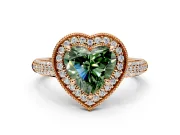 Milgrain Halo Engagement Ring Setting for Fancy Green Heart-Shaped Center with Three-Sided Pave Band and Prong Head in Rose Gold