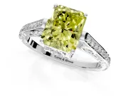 Cathedral Engagement Ring Setting for Fancy Yellow Radiant Cut Center with Antique-Style Pave Band and Prong Head in Platinum