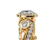 Milgrain Halo Engagement Ring Setting for Asscher Cut Center with Shoulder Bezels and Prong Head in Yellow Gold