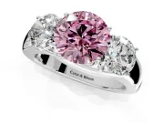3 Stone Engagement Ring Setting for Fancy Pink Round Cut Center with Raised Basket Heads and Prong Head in Sterling Silver