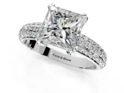 Solitaire Engagement Ring Setting for Princess Cut Center with Multi-Row Pave Accents and Basket Head in White Gold