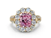 Large Accent Halo Engagement Ring Setting for Fancy Pink Radiant Cut Center with Pave Split Shank and Prong Head in Yellow Gold