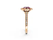 Halo Engagement Ring Setting for Fancy Pink Round Cut Center with Milgrain Pave Band and Bezel Head in Rose Gold