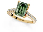 Solitaire Engagement Ring Setting for Fancy Green Emerald Cut Center with Widening Pave Band and Claw Prong Head in Yellow Gold
