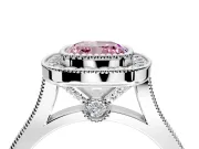 Halo Engagement Ring Setting for Fancy Pink Cushion Cut Center with Milgrain Frame, Pave Band and Prong Head in Platinum