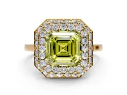 Halo Engagement Ring Setting for Fancy Yellow Asscher Cut Center with Plain Tapered Band and Prong Head in Yellow Gold