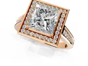 Halo Engagement Ring Setting for Princess Cut Center with Outer Bezel Rim, Pave Band and Prong Head in Rose Gold
