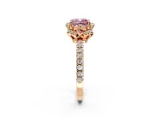 Halo Engagement Ring Setting for Fancy Pink Cushion Cut Center with Openwork Halo, Pave Band and Prong Head in Rose Gold