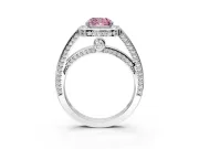 Halo Engagement Ring Setting for Fancy Pink Cushion Cut Center with Framed Halo, Pave Band and Prong Head in Platinum