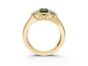 3 Stone Engagement Ring Setting for Fancy Green Emerald Cut Center with Raised Basket Heads and Prong Head in Yellow Gold