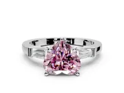 3 Stone Engagement Ring Setting for Fancy Pink Heart-Shaped Center with Channel Baguette Accents and Prong Head in Platinum