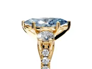 3 Stone Engagement Ring Setting for Fancy Blue Marquise Center with Crossover Basket, Pave Band and Prong Head in Yellow Gold